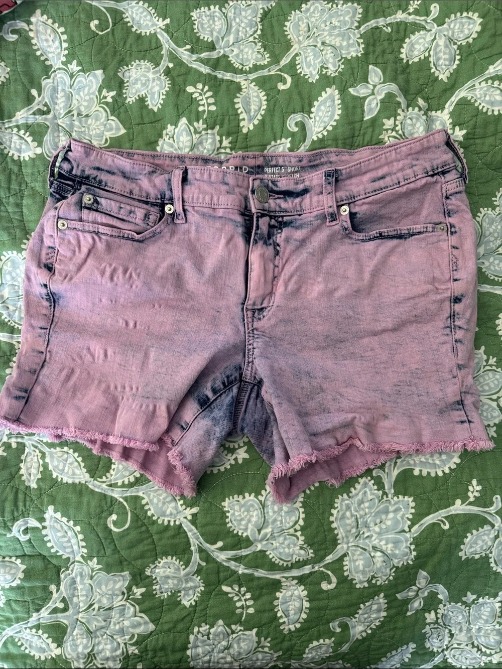 Purple Denim Cutoff Shorts with Frayed Hem
